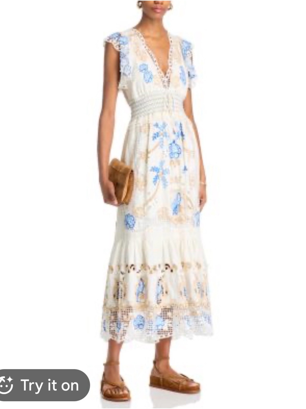 FARM Rio White Maxi Dress with Blue Floral Embroidery